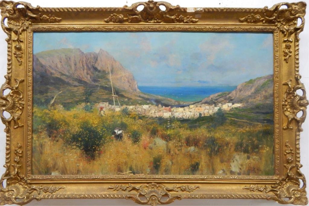 Oscar Ricciardi (1864-1935) Oil on Canvas Painting: 19th Century "Mediterranean Coast", signed. Image measures 18" x 30". Framed 24" x 35". Estimate $1,000 - $1,500. Starting bid $200.