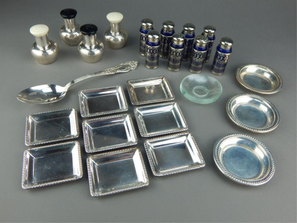Salt & Pepper Shakers, Salts, Spoon & Lg. Spoon: Includes 8 cobalt glass with silver plate overlay salt & peppers 2 3/4", marked "silver plate Japan", 4 unmarked salt & peppers with plastic tops 2 1/4", 8 salts marked "Webster Co" 2 3/4" x 2 1/4", 3