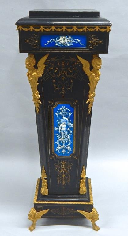 Gilt Bronze Mounted Ebony & Porcelain Pedestal: 19th century. Measures 42" tall x 11 1/4" x 14 3/4". Estimate $1,500 - $2,000. Starting bid $200.