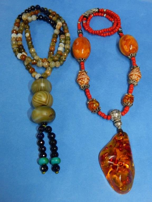 Two Necklaces w/ Coral, Amber, Agate & Sterling (1 of 5)