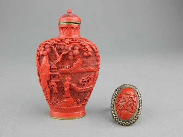 Chinese Cinnabar Snuff Bottle and Ring (1 of 4)