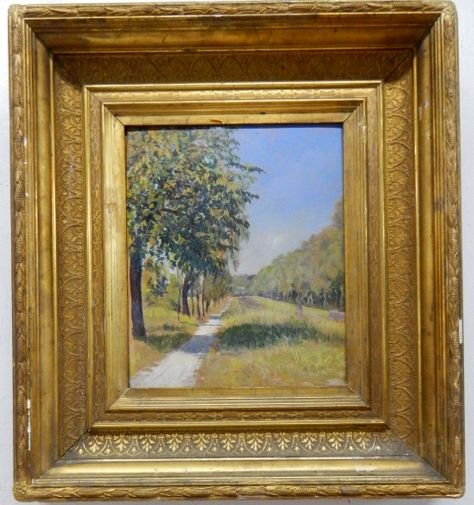 Russian Oil on Panel Painting: Row of trees, unsigned, panel measures 12 1/2" x 10 1/2" and 20 3/4" x 18 3/4" with frame. Estimate $700 - $1,000 Starting Bid $400