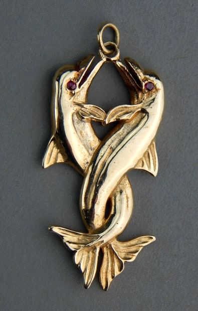 14k Yellow Gold Dolphin Pendant w/ Red Stone Eyes (1 of 2)