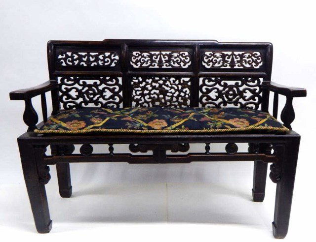 Chinese Carved Hardwood Bench with Cushion (1 of 3)