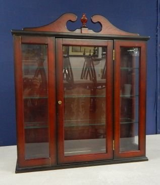 Bombay Wall Curio with Two Glass Shelves: Measures 26 1/2" x 24 1/2" x 7", slightly separated at top left corner. Estimate $100 - $200 Starting Bid $20