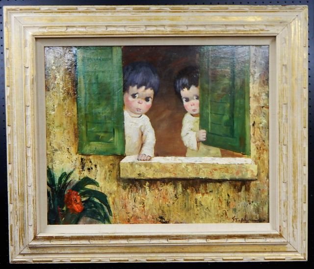 Two Big Eyed Children Oil on Panel Painting (1 of 6)