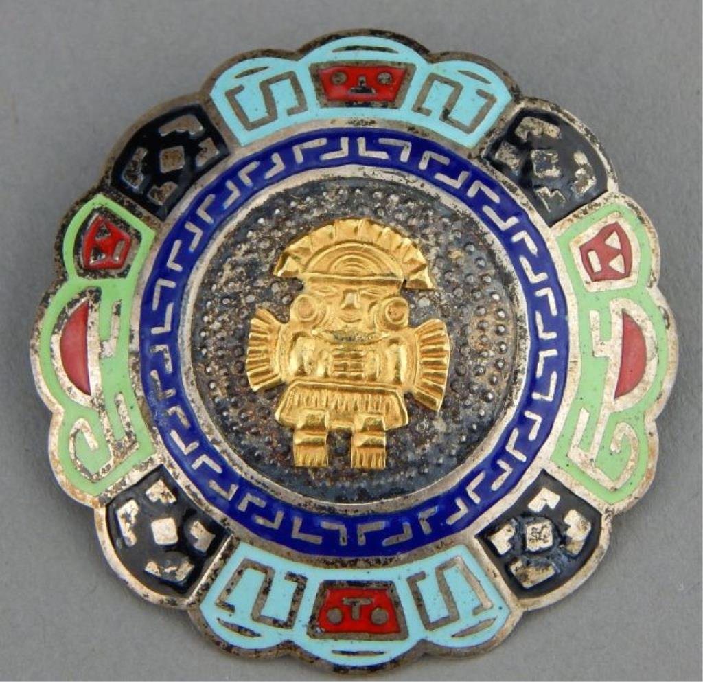 Sterling Silver Enameled Pin with 18kt Inca God (1 of 4)
