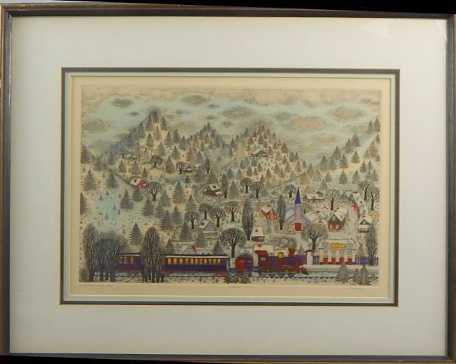 Cuca Romley (1933-) "Woodland Station" Paper & Ink: Signed and numbered 10/125 by artist Cuca Romley born in Spain in 1933 and is known for her paintings and etchings. “Woodland Station” depicts a steam engine running through a snow-covered landsca