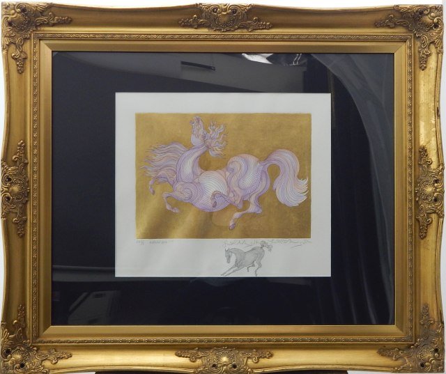 (119) Guillaume Azoulay " Hidden": Limited edition serigraph with hand applied gold leafing and remarque. EA 2/5. Image measures 15 1/2" x 18 3/4". Framed 31" x 37". Estimate $650 - $750. Starting bid $100.