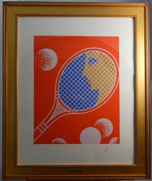 (371) Erte " Tennis": Serigraph on paper. scratch on plexi glass. Image measures 29 1/4" x 23 1/4". Framed 35 1/4" x 29 1/4". Estimate $600 - $800. Starting bid $100.