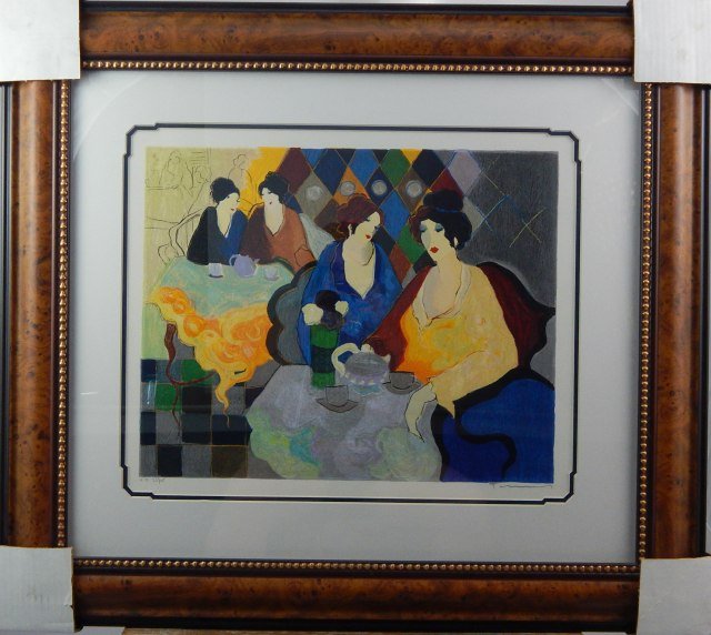 (368) Itzchak Tarkay " Quiet Moments V ": Serigraph on paper. 33 / 45. Plexi glass scratched. Image measures 17" x 20 1/2". Framed 29 1/2" x 33". Estimate $400 - $500. Starting bid $50.