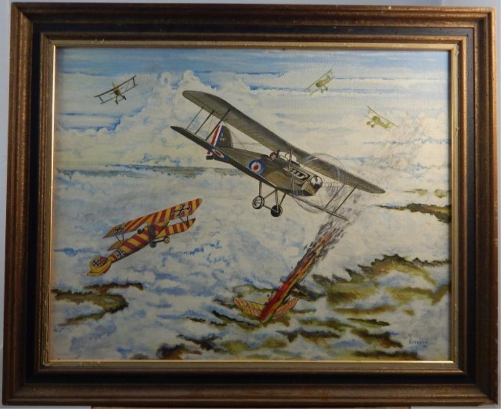 (394) Peterson "WWI Plane Battle": Oil on canvas. Signed and dated (1975). Image measures 21 1/2" x 27 1/2" Framed 27" x 33" Damage to right corner of frame. Estimate $200 - $300 Starting Bid $50
