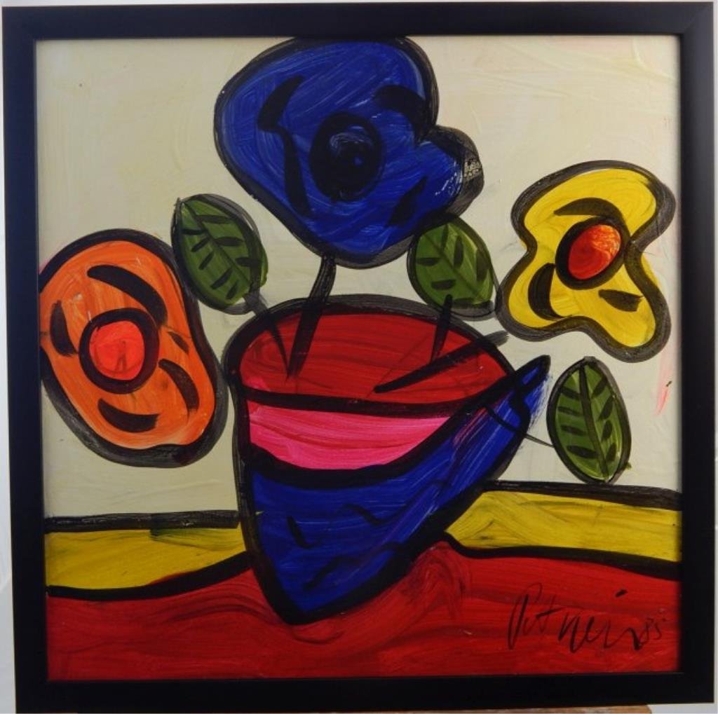 (490) Peter Keil "Tegernse Flowers": Pop art. Image measures 23 1/2" x 23 1/2". Framed 26" x 26". Estimate $300 - $400. Starting bid $50.