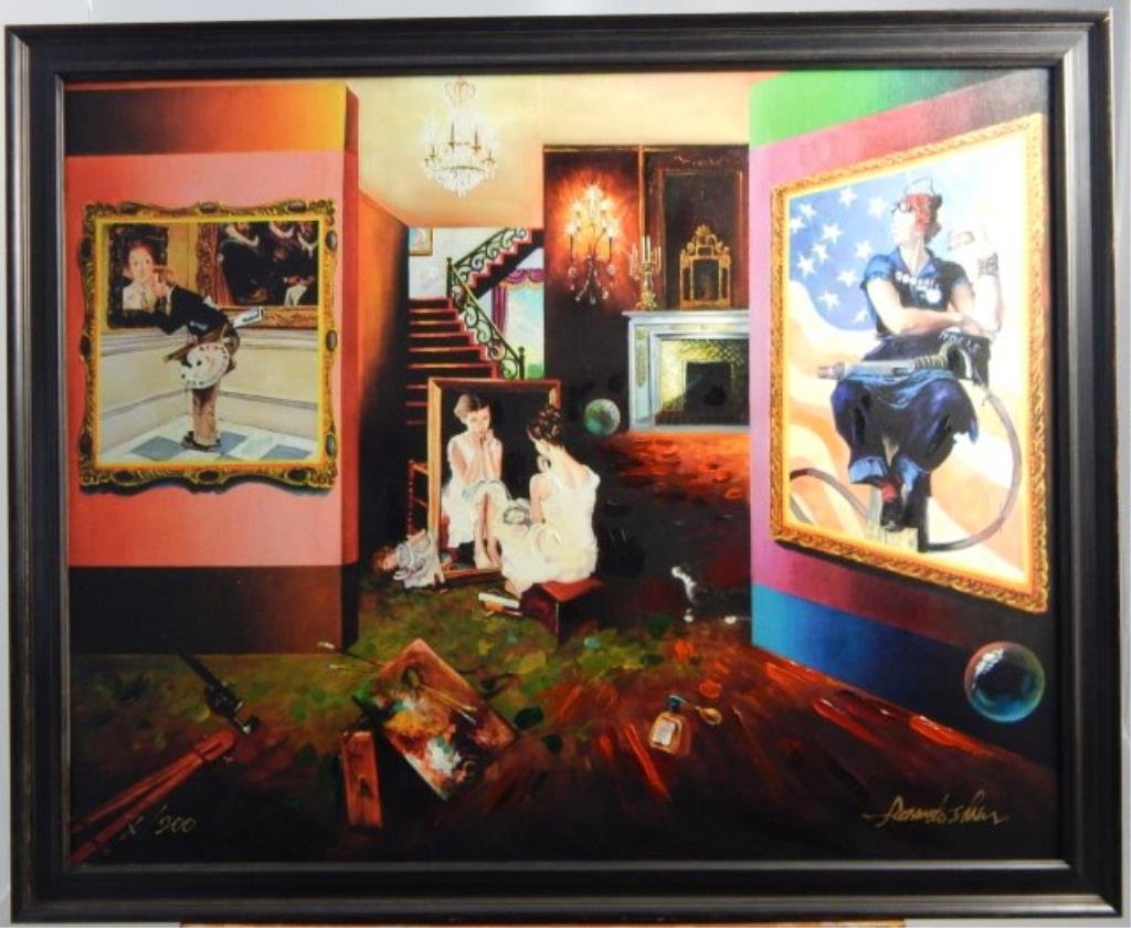 (375) Leonardo G. Zhang "Homage to Norman Rockwell: Giclee print 7 / 200. Image measures 23 1/4" x 29 1/4". Framed 26 1/2" x 32 1/2". Estimate $1,200 - $1,800. Starting bid $300.