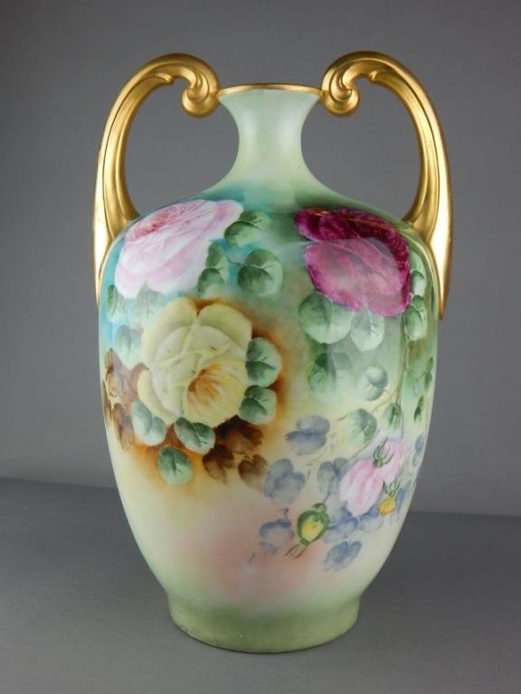 French Hand Painted Porcelain Two Handle Vase (1 of 8)