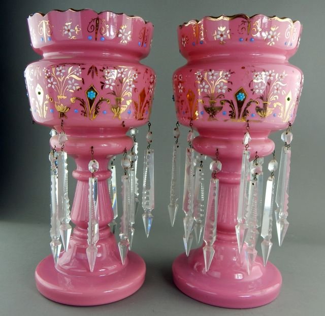 Pair of Bohemian Pink Glass Lusters with Prisms (1 of 6)