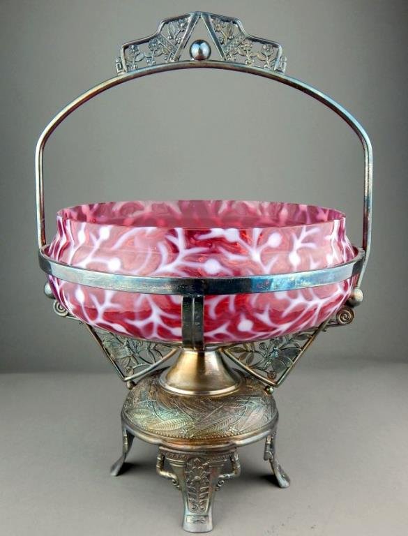 Cranberry Coin Dot Art Glass Brides Basket (1 of 5)