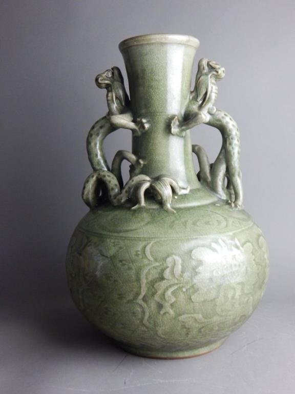 Chinese Green Porcelain Twin Dragon Handle Vase (1 of 5)