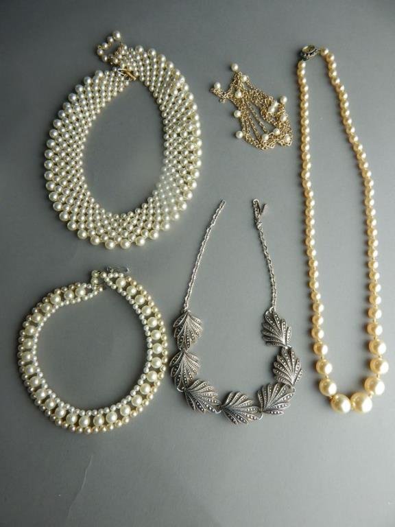 Vintage Pearl Necklaces and Marcasite Necklace: Total of four necklaces. Estimate $100 - $200 Starting Bid $25