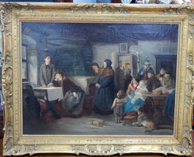 Casimer Van Den Dale (1818-1880) Oil on Canvas: Depicting a group of young people in a room, 1859 painting, signed in lower right and measures 29" x 40" and 37 1/2" x 48" with frame, canvas has a few small dents. Estimate $1,500 - $2,000 Starting B