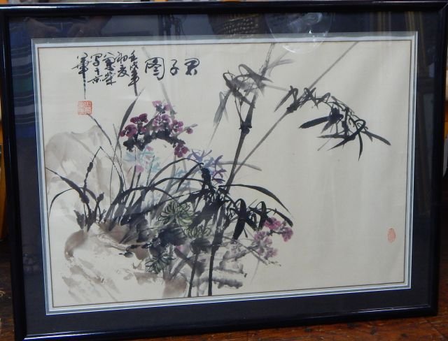 Old Chinese Painting of Flowers in Frame (1 of 4)