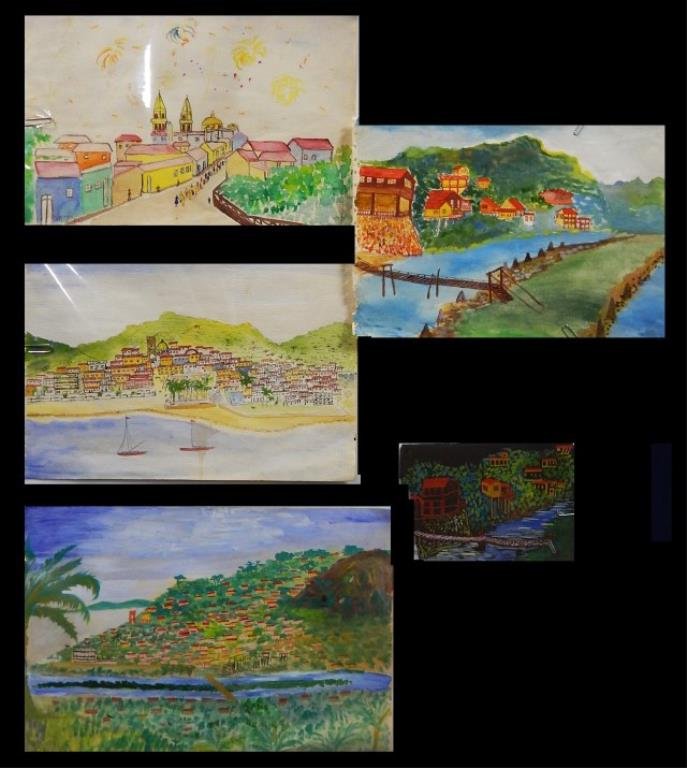 Manuel Lepe Macedo (1936-1984) Watercolor on Paper: Five total each signed by the artist Manuel Lepe Macedo (b. April 17, 1936 in Puerto Vallarta, Jalisco. - d. Sept 9, 1984 Guadalajara, Jalisco) Manuel Lepe was a Mexican artist who painted in a Naïve