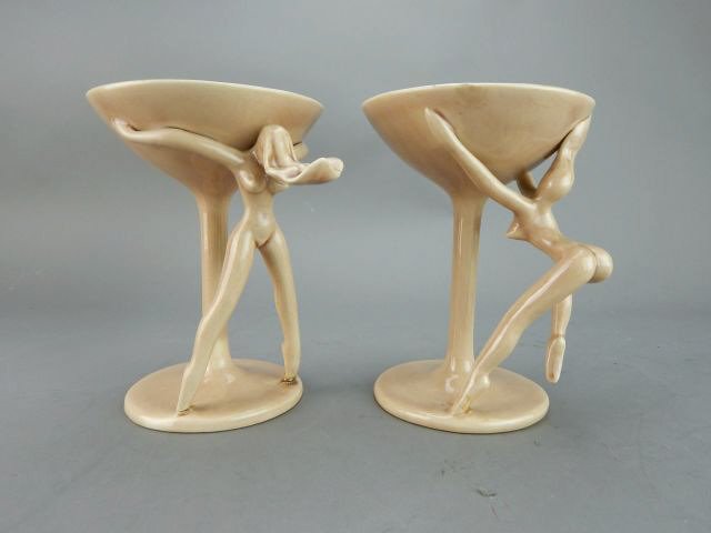 Dorothy Kindell Naughty Pottery Nude Martini's: Pair of rare 1940's Dorothy Kindell Pottery nude martini glasses signed on the bottom Kindell along with a circled C and measure 6" x 5" and 6" x 5 1/2". Dorothy Kindell, of Laguna Beach California, w