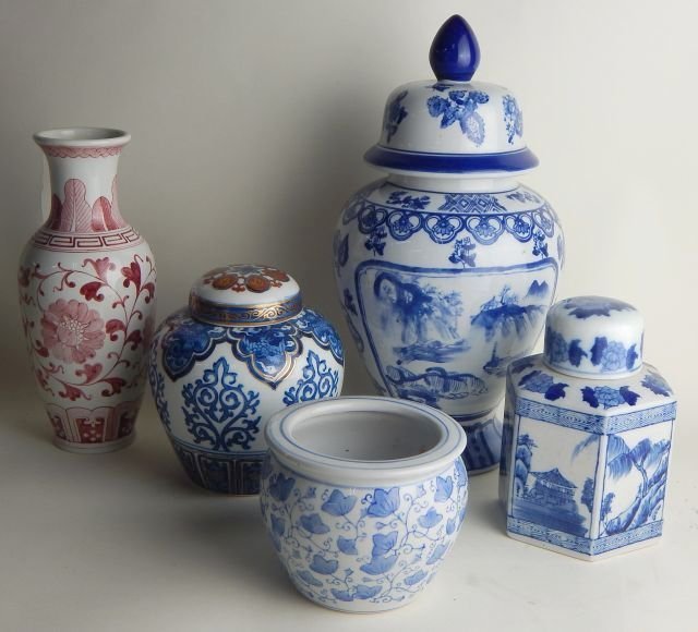 Five Chinese Porcelain Covered Jars & Vase (1 of 4)