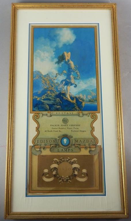1930 Maxfield Parrish "Ecstacy": Mazda calendar full year. Image Measures 17 1/2" x 7 1/4". Framed 21 3/4" x 11 1/4". Estimate $600 - $1,200. Starting bid $200.