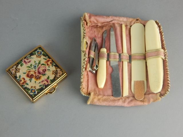 Bone Manicure Set in Case & Pedi Point Compact: Handmade leather case with six bone handled manicure tools and pedi point compact. Estimate $50 - $100 Starting Bid $10