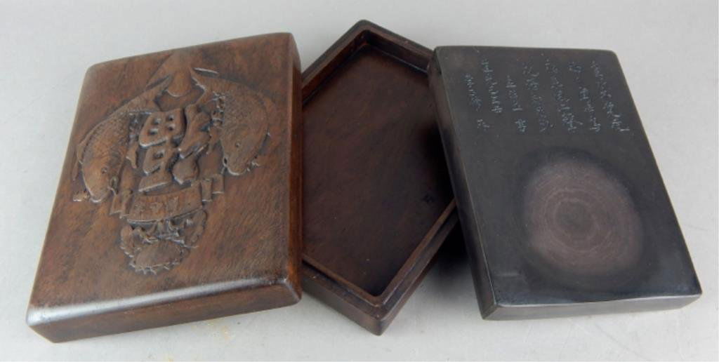 Chinese Ink Stone in Box with Carved Fish on Lid (1 of 3)