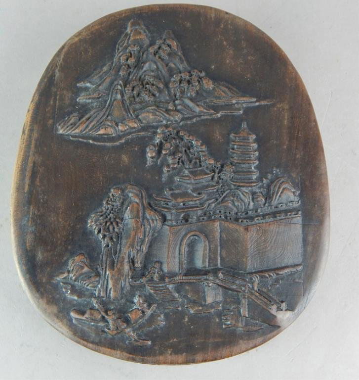 Chinese Ink Stone in Box with Carved Temple Scene (1 of 4)