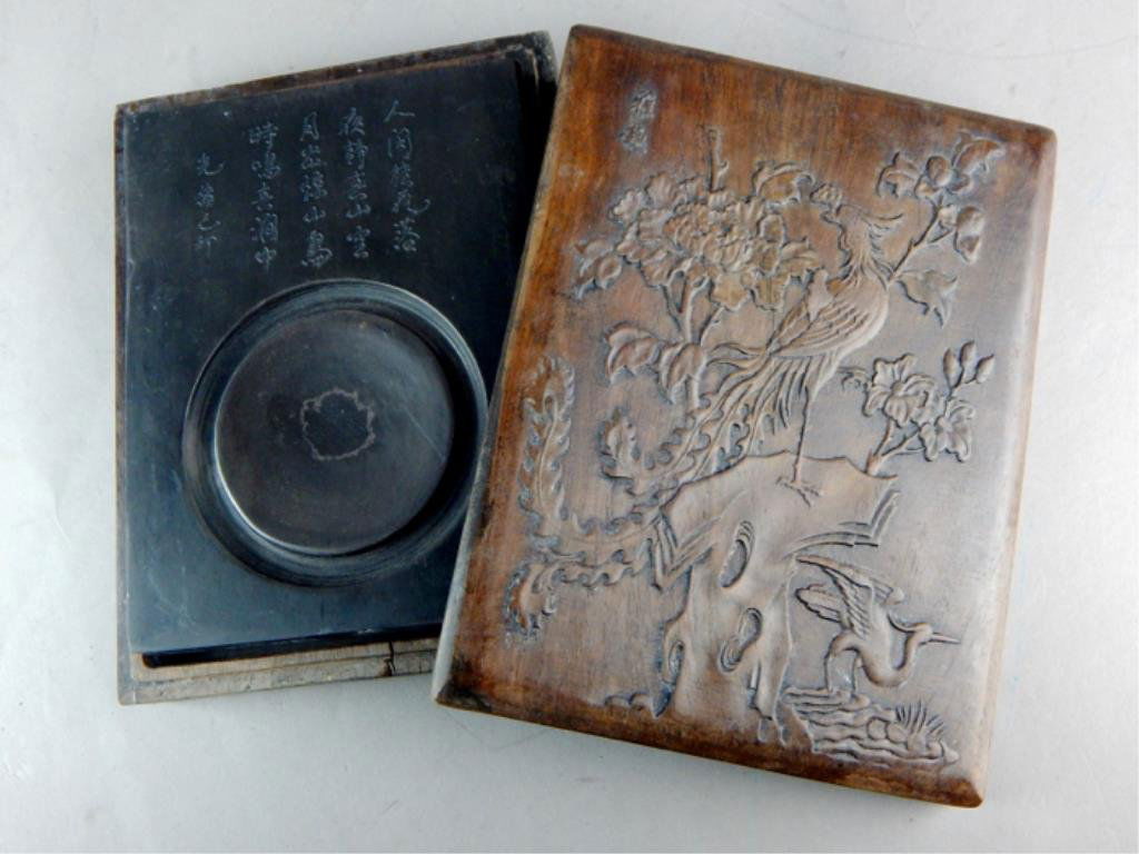Chinese Ink Stone in Box w/ Carved Phoenix & Peony (1 of 3)