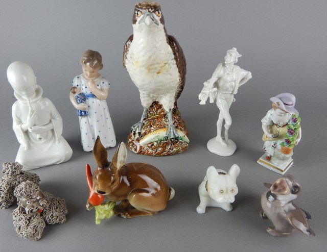 Vintage Porcelain Grouping: Includes Royal Doulton Osprey, Huetchenruether rabbit, man, sampson lady, Bing & Grindle bird, 1970's poodle, Denmark man, porcelain lady and sml dog. Largest measures 8". Estimate $100 - $200. Starti