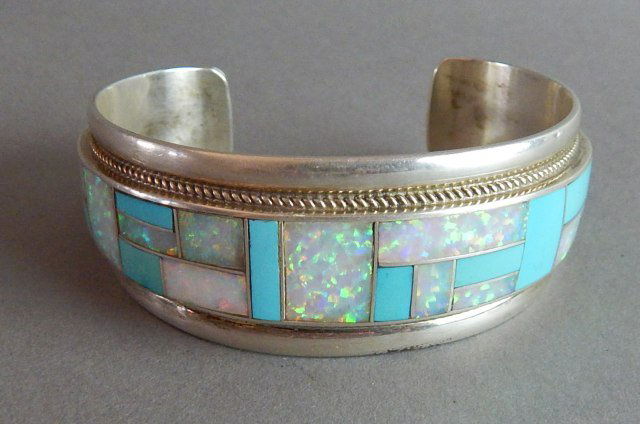 Navajo Sterling Turquoise & Opal Bracelet (1 of 6)
