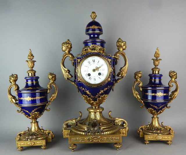 French Sevres Porcelain & Gilt Bronze Clock Set (1 of 7)