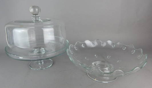 Crystal Cake Plate and Fruit Bowl: Clear cake plate measures 12" tall x 11 1/2" diameter. Etched fruit bowl is 4 1/2" tall x 12" diameter. Estimate $100 - $200, Starting bid $10