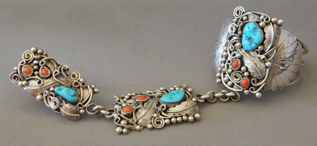 Navajo Sterling, Turquoise & Coral Slave Bracelet (1 of 5)