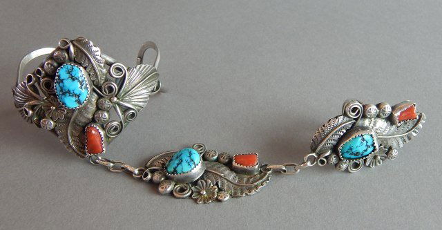 Navajo Sterling,Turquoise & Coral Slave Bracelet (1 of 4)