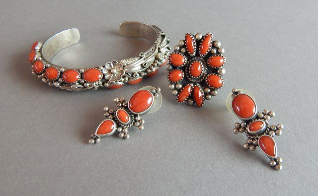 Sterling & Red Coral Bracelet, Earrings & Ring Set (1 of 7)