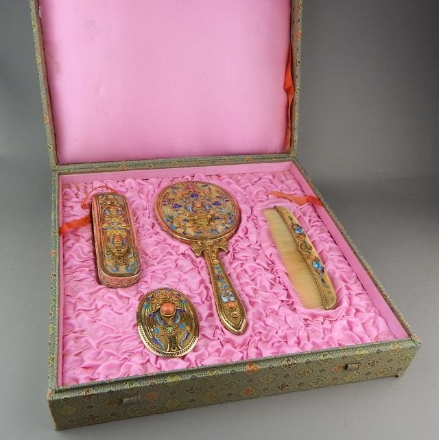 Chinese Gilt Silver Enamel Jeweled Vanity Set (1 of 10)