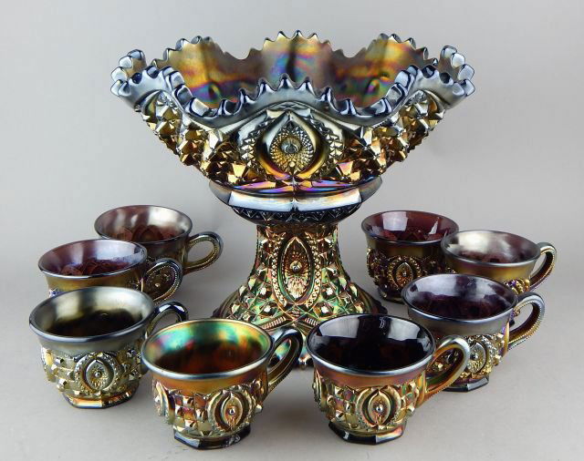 Northwood Iridescent Glass Punchbowl w/ Cups (1 of 10)