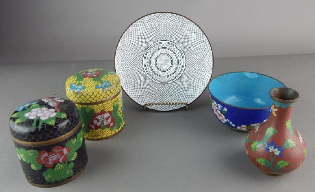 Five Piece Cloisonne Vase, Bowl, Boxes & Plate (1 of 4)