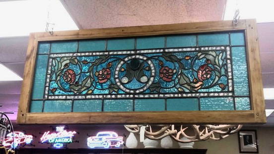 Tiffany Transom Window: Tiffany Transom stained glass window. Unsigned. 41"W x 17.5"H JEWELED FROM A VERY PROMINENT TIFFANY DEALER IN NYC .. PURCHASED AT MIAMI BEACH ANTIQUE SHOW SEVERAL YEARS AGO. ALL GREAT TIFFANY GLASS. E