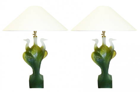 Pair of Daum crystal double heron lamps: A rare pair of Daum crystal double heron lamps. 19 1/4"h to top of sculpture. (25"h with shades)