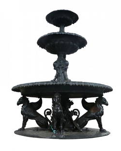 Cast iron 3-tier fountain with winged griffins: Cast iron 3-tier garden fountain with winged griffins. 7'6"h x 5' dia