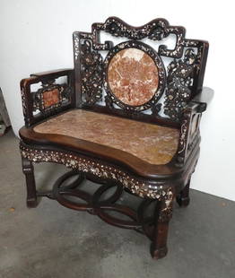 Chinese hardwood armchair: Chinese hardwood armchair inlaid with marble and mother of pearl. 43"h x 39"w x 23"d