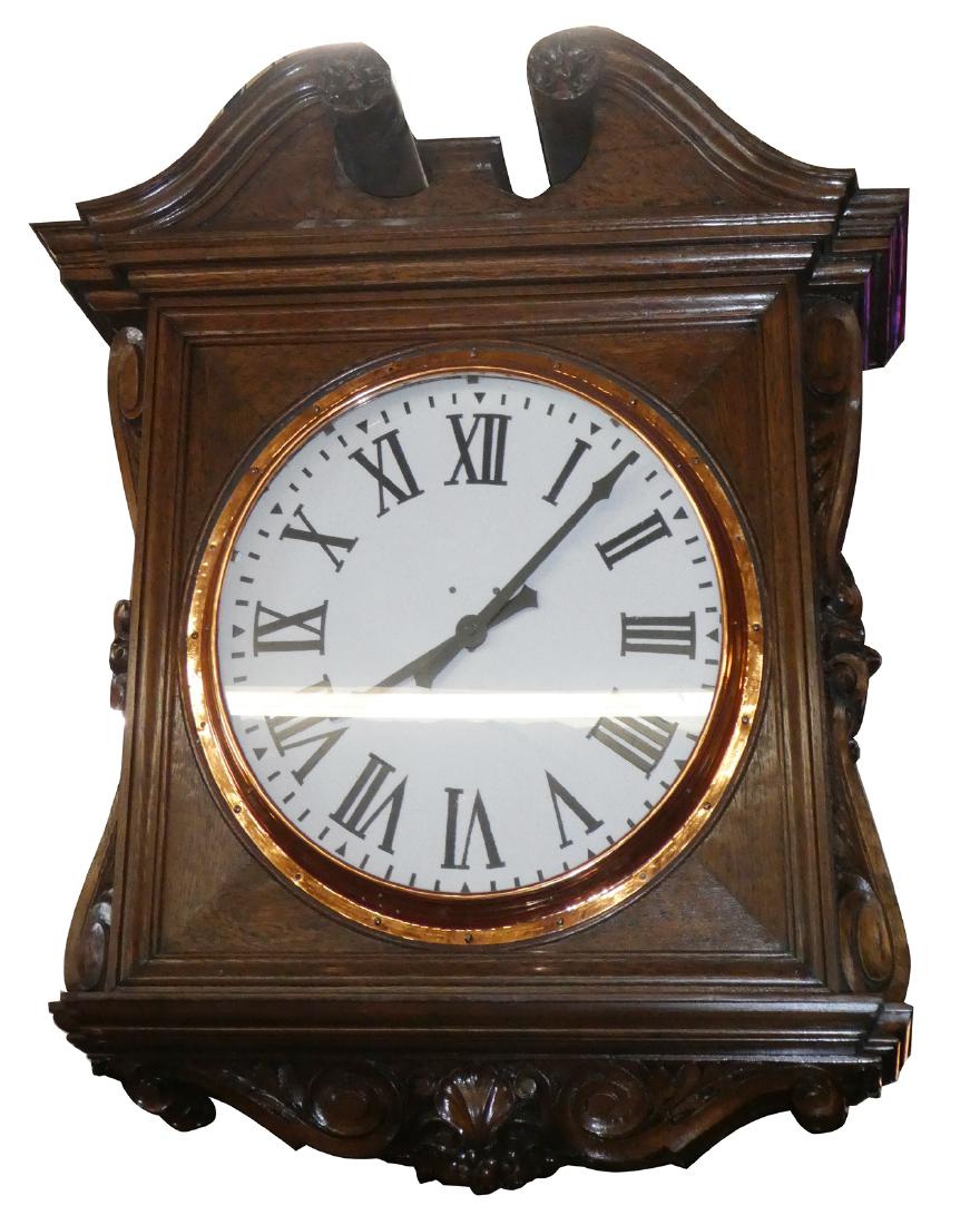 Antique double sided oak train station clock: Double sided oak train station clock. Circa 1910. Originally sold at Golden Movement Emporium Santa Monica, CA in 1976 for $35,000. Been in storage ever since. 6'h x 5'w