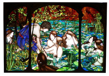 Stained, leaded and painted glass figural window