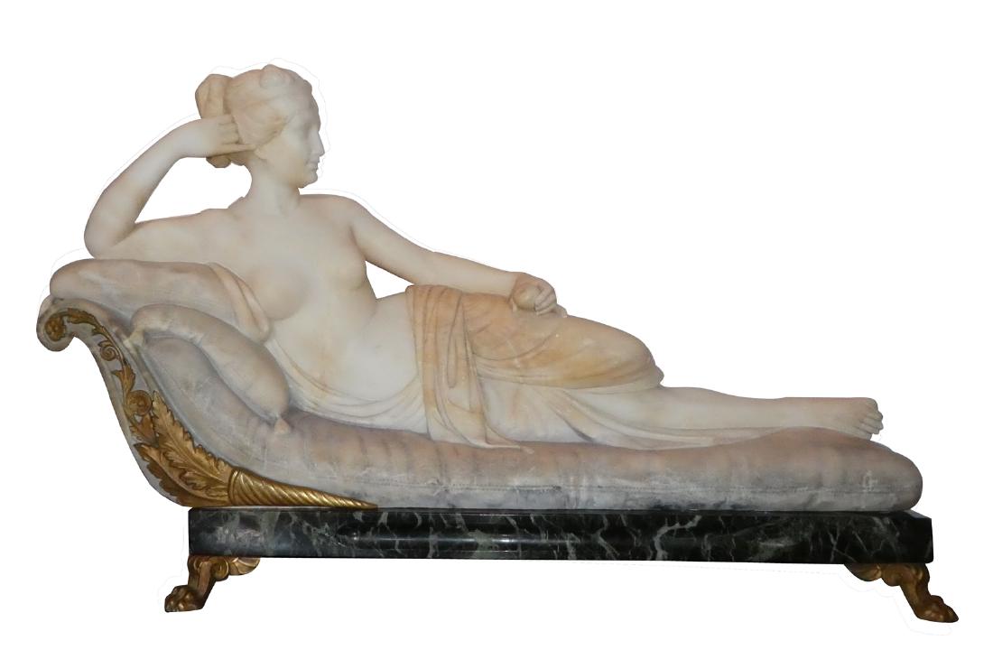After Canova carved marble sculpture of Pauline: Italian carved marble and bronze Grand Tour sculpture after Antonio Canova (1757-1822, Italy) titled â€œPauline Bonaparte as Venus Victrixâ€; the carved marble nude figure is draped with a clot
